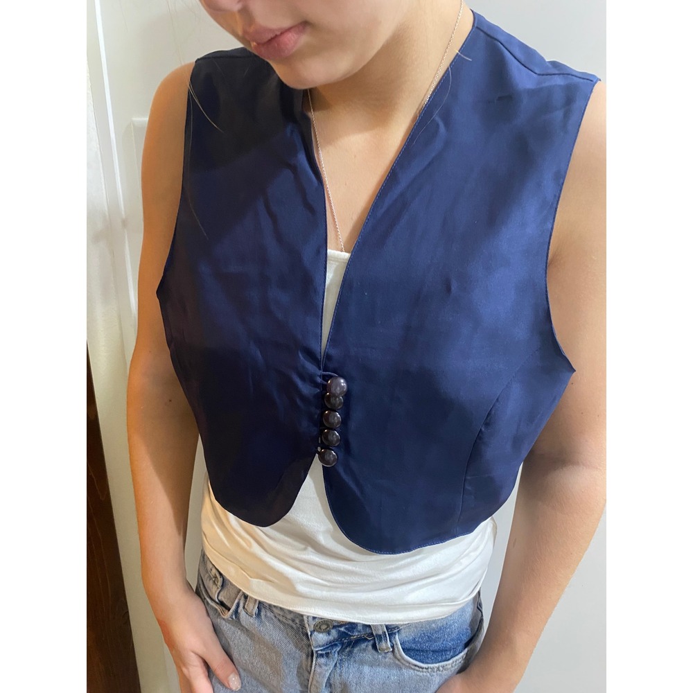 Fanstyle Navy Blue Silk Cropped Vest Sleeveless V-Neck Button Front Size S